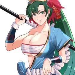 1girls alternate_costume breasts chest_sarashi cleavage earrings female female_only fire_emblem fire_emblem:_the_blazing_blade fire_emblem_heroes green_eyes green_hair headwear ihsnet large_breasts long_hair lyn_(fire_emblem) lyn_(flame)_(fire_emblem) nintendo official_alternate_costume ponytail sarashi smile solo underboob upper_body very_long_hair