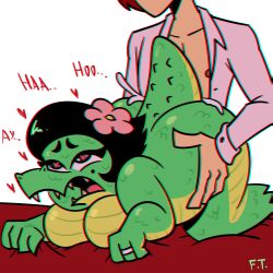 1boy 1boy1girl 1girls anthro bed big_ass big_breasts black_hair chubby chubby_female color crocodile crocodilian cum cum_inside doggy_style doomverse dulcinee_(doomverse) excessive_cum fangs felestrist female flower flower_in_hair grabbing grabbing_from_behind grabbing_sheets green_skin hair heart heart-shaped_pupils hi_res human human_on_anthro human_penetrating jerry_(doomverse) lying_on_bed male male/female moan moaning netorare open_mouth pseudo_hair red_hair reptile reptile_humanoid reptilian ring scalie sex sex_from_behind straight tail text tongue