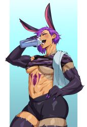 1girls animal_hands animal_legs bunny_ears bunny_girl drinking female female_only hi_res joints looking_at_viewer muscular muscular_female naeru_(mrolas) narrowed_eyes purple_hair solo solo_female sotcho sportswear towel_on_shoulder underboob whisker_markings