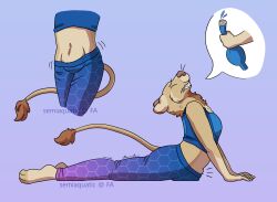 2022 anthro apex_(artist) bladder bladder_bulge bladder_inflation bottomwear clothing crop_top felid female grimace hi_res hose lion mammal omorashi organs pantherine pants potty_dance shaking shirt simple_background solo speech_bubble topwear trembling urine_inflation yoga yoga_pants