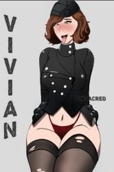 1girls ahegao beret brunette call_of_duty call_of_duty_mobile call_of_duty_ww2 dxsacred female_focus female_only fishnet garrison_cap half_naked leather no_legwear pink_eyes red_panties short_hair solo_female solo_focus stockings tongue_out vivian_harris_(cod)