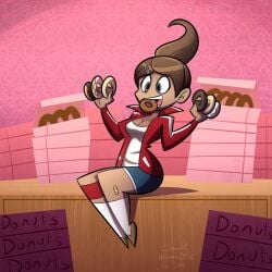 asahina_aoi bandaid breasts brown_eyes brown_hair danganronpa danganronpa:_trigger_happy_havoc danganronpa_1 dark-skinned_female donuts female female_only hairpin leg_band lolwutburger lwbafterdark ponytail smooth_skin sports_jacket sports_shorts t-shirt