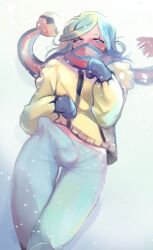 1boy balls blue_eyes blue_hair blue_pants bulge erection_under_clothes femboy feminine_male fully_clothed girly grusha_(pokemon) horny long_hair male male_only nei019 pants pokemon pokemon_sv solo solo_male