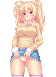 blonde_hair casual_wetting cat_ears cat_tail catgirl denim_skirt flashing_panties intentional_pants_wetting nottytiffy peeing peeing_self skirt_lift skirt_up smug_grin standing_pee stockings striped_stockings tagme tiffy tiffynyaa uniform urinating_female wetting white_panties