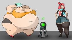 2girls annoyed attribute_swap big_belly big_breasts boots energy_beam female female_only glasses glowing_eyes green_hair hairtie heels machine overweight overweight_female red_hair scarf shorts skirt surprised thick_thighs weight_gain weight_loss