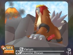 2022 absurd_res animal_genitalia animal_penis balls canine_penis claws english_text entei erection feral fur generation_2_pokemon genitals hi_res knot lava legendary_pokemon logo looking_at_viewer looking_down looking_down_at_viewer male mountain nature new_pokemon_snap nintendo outside penis photo picture_frame pokemon pokemon_(species) red_body red_eyes red_fur solo text varium video_games volcano