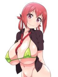 bikini blush breasts closed_mouth collarbone commentary_request covered_nipples elf_k female gabriel_dropout green_bikini hair_between_eyes hair_rings head_tilt highres huge_breasts kurumizawa_satanichia_mcdowell looking_at_viewer micro_bikini navel necktie open_clothes open_shirt pink_eyes red_hair red_necktie satanichia_kurumizawa_mcdowell smile solo swimsuit white_background