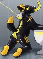 anthro black_body bodily_fluids drinking drinking_urine funnel_in_ass genital_fluids hacony hi_res hyaenid latex male male_focus male_only mammal peeing rubber solo toilet tube urination urine urine_in_ass urine_in_mouth urine_stream urine_tube watersports yellow_body yellow_eyes