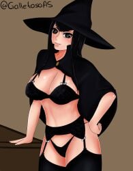 1girls berserk big_breasts black_hair blunt_bangs bra breasts cape cowboy_shot curvy fantasy female galletoso garter_straps hime_cut human large_breasts light-skinned_female light_skin long_hair morda panties solo solo_female thighhighs wide_hips witch witch_costume witch_hat