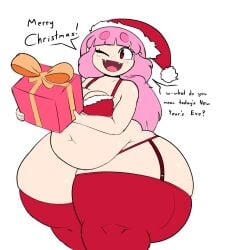 1girls 2019 bbw belly big_belly breasts christmas christmas_hat christmas_outfit chubby chubby_female cleavage elise_(mysterydad) english english_text eyebrows_visible_through_hair fangs female female_focus garter_belt garter_straps hips huge_belly huge_thighs large_belly long_hair looking_at_viewer mysterydad pink_hair red_eyes simple_background solo solo_female solo_focus speech_bubble text thick_thighs thighhighs thighs tummy white_background wide_hips wink winking winking_at_viewer