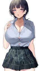 1girls asaka_karin beauty_mark big_breasts big_hips blue_eyes blue_hair bra breasts busty button_gap female female_only hand_on_breast huge_breasts large_breasts looking_at_viewer love_live! love_live!_nijigasaki_high_school_idol_club mostly_clothed navy_blue_hair open_shirt school_uniform smile solo tagme thick_thighs tight_clothing white_background yamasonson