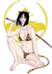 barefoot bikini black_eyes black_hair blood blood_on_face cleavage female female_only fromsoftware full_body genderswap_(mtf) genichiro_ashina juicyporkchop katana medium_hair rule_63 sekiro:_shadows_die_twice side-tie_bikini sitting solo sword tiger_ears tiger_print tiger_print_bikini tiger_tail weapon year_of_the_tiger