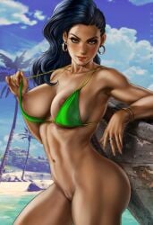 1girls abs areolae areolae_slip ass beach big_ass big_breasts bikini bikini_pull bikini_top black_hair bottomless bottomless_female bracelet bracelets brazilian brazilian_female breasts brown_eyes capcom clothed clothing dandon_fuga dark-skinned_female dark_skin earrings female female_only golden_bracelet golden_earrings green_bra green_panties human human_only jewelry large_breasts latina laura_matsuda long_hair looking_at_viewer muscle muscle_tone muscular muscular_female navel palm_tree pov redbone ring smile solo solo_female solo_focus standing street_fighter street_fighter_v swimsuit thick_thighs