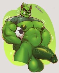 absurd_res ball balls football_(ball) football_team_mascot football_uniform fur genitals green_body green_fur hi_res male male_only mammal marlon.cores mascot muscular muscular_male nipples original original_character palmeiras penis porco_gobbato simple_background solo suid suina sus_(pig) vein veiny_penis wild_boar