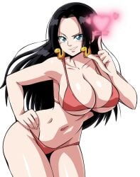 1girls bikini black_hair blue_eyes boa_hancock breasts earrings female female_only hearts huge_breasts large_breasts lewdamone long_hair mero_mero_no_mi one_piece red_bikini shounen_jump solo solo_female tagme thick_thighs