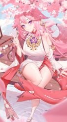 1girls big_breasts breasts busty earring earrings female female_only fox_ears fox_girl foxgirl genshin_impact huge_breasts large_breasts legs light-skinned_female light_skin milf peace_sign pink_fur pink_hair purple_eyes samart samart_normal shrine_maiden smile smiling tagme thick thick_legs thick_thighs thighs violet_eyes yae_miko