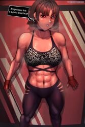 1girls 2022 abs atlus blush brown_hair cameltoe choker collarbone dialogue dialogue_box eyebrows eyebrows_visible_through_hair eyelashes female fingerless_gloves fluffydus hips leggings makoto_niijima muscle muscle_tone musclegut muscular muscular_female muscular_thighs navel patreon patreon_logo patreon_username persona persona_5 red_background red_eyes short_hair sports_bra standing steam steaming_body sweat sweatdrop sweating tagme talking talking_to_viewer wide_hips