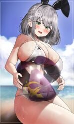 1girls 2022 beach beach_ball bikini blush breast_press breasts bunny_ears bunny_girl embarrassed female female_only green_eyes hips holding_object hololive hololive_fantasy hololive_japan huge_breasts kuse_(0201) light-skinned_female light_skin outdoors see-through shirogane_noel short_hair silver_hair slim_waist thick_thighs thighs virtual_youtuber white_bikini wide_hips