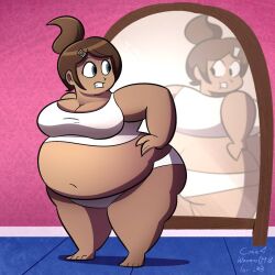 asahina_aoi barefoot big_belly big_breasts bra breasts brown_eyes brown_hair danganronpa danganronpa:_trigger_happy_havoc danganronpa_1 dark-skinned_female female female_only hairpin lolwutburger lwbafterdark mirror overweight overweight_female panties ponytail straight_hair thick_thighs