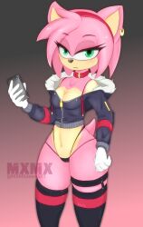 1girls amy_rose anthro bra breasts choker cleavage ear_ring furry gloves hairband hedghog jacket midriff mxmx sega smartphone sonic_(series) thighhighs thong