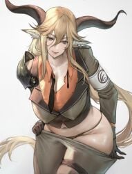 1girls animal_ear_fluff animal_ears arknights armband belly belly_button big_breasts blonde_hair boingoo breasts busty cleavage closed_mouth collarbone curvaceous curvy degenbrecher_(arknights) erected_nipples eyebrows_visible_through_hair female female_only gigantic_breasts gloves goat_ears goat_girl goat_horns hair_between_eyes half-closed_eyes hanging_breasts horns horny huge_breasts large_breasts light-skinned_female light_skin long_hair long_sleeves looking_at_viewer low-tied_long_hair massive_breasts midriff military_uniform naughty_face panties pants_pull pulled_by_self seductive seductive_look seductive_pose seductive_smile shiny_skin shirt shoulder_armor shoulder_pad sidelocks simple_background smile solo stomach string_panties thick_legs thick_thighs thighs thong tie undressing untied_tie voluptuous white_background wide_hips yellow_eyes