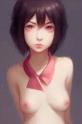 1girls ai_generated arms_behind_back ascot attack_on_titan bob_cut breasts bust_portrait collar female female_focus hi_res medium_breasts mikasa_ackerman nipples painting_(artwork) persimon red_eyes solo solo_female