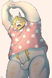 2022 anthro asgore_dreemurr balls bovid caprine closed_eyes clothing crown erection genitals goat hi_res humanoid_genitalia humanoid_hands humanoid_penis kentachen27 male male_only mammal overweight overweight_male penis shirt simple_background solo stretching topwear undertale_(series) white_body