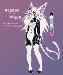 absurd_res andromorph anthro bell bell_collar bodily_fluids cheek_tuft collar cum cuntboy digital_media_(artwork) domestic_cat eeveelution english_text espeon facial_tuft felid feline felis fur fur_markings generation_2_pokemon genital_fluids genitals glowing glowing_markings hair hi_res intersex kitteninacage long_ears long_tail looking_at_viewer male mammal markings mastectomy_scar model_sheet multicolored_body multicolored_fur nintendo nude pokemon pokemon_(species) pussy scar simple_background slightly_chubby solo standing text tuft video_games white_body white_fur white_hair