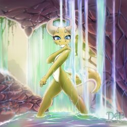 absurd_res anthro bathing blue_eyes breasts burn_scar dep errathimal_(zettra_thorn) female genitals hi_res horn kobold looking_at_viewer nature nature_background pussy scales scar small_breasts solo thick_tail waterfall_shower wet yellow_body yellow_scales