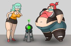 2girls attribute_swap big_belly big_breasts boots female female_only glasses green_hair hairtie heels machine overweight overweight_female red_hair skirt thick_thighs