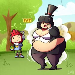 1boy belly big_belly black_hair breasts buisness_suit female heels lolwutburger lost_media lwbafterdark male maxwell_(scribblenauts) mindy_(scribblenauts_fighting_words) notebook overweight overweight_female pantyhose scribblenauts top_hat weight_gain