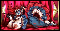 absurd_res anthro ass big_breasts big_butt blue_body blue_fur breasts claws countershading dragon fangs felid female fluffy fluffy_tail fur hi_res horn hybrid looking_at_viewer lying mammal muscular muscular_anthro muscular_female nipples nude pantherine smile solo teeth thick_thighs tiger tolerain yellow_eyes