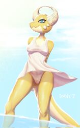 anthro belly blue_eyes breasts clothed clothing dannyj dress errathimal_(zettra_thorn) female genitals hands_behind_back hi_res kobold looking_at_viewer multicolored_body no_underwear partially_submerged pussy scales small_breasts solo sundress two_tone_body wardrobe_malfunction yellow_body yellow_scales