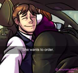 1boy 1girls ass ass_focus car car_interior chameleon_charm chameleoncharm copper_hair coppola_clarke coppola_murphy dark_brown_hair female he_wants_to_order meme she_wants_to_order shy_smile sigfried_clarke skirt smile taking_picture thighs vest