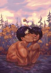 1boy 1girls berserk canon_couple casca dark-skinned_female guts_(berserk) human kissing muscular nude nude_female theo_(artist) wholesome