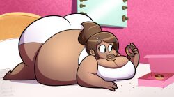 asahina_aoi barefoot bed big_ass big_belly big_breasts bra breasts brown_eyes brown_hair danganronpa danganronpa:_trigger_happy_havoc danganronpa_1 dark-skinned_female donuts female female_only hairpin lwbafterdark overweight overweight_female panties ponytail straight_hair thick_thighs