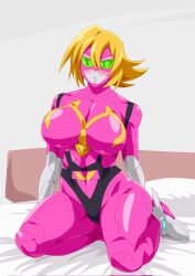 bent_over blonde_hair blush_stickers breasts colored_skin cum facial female green_eyes grey_background hat highres kikai_sentai_zenkaiger looking_at_viewer lying on_bed otokam1117 otokamu pink_skin robot sheet_grab sitting super_sentai tokusatsu wings witch zenkai_magine