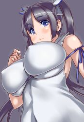 black_hair blue_eyes blue_ribbon breasts cleavage commentary_request covered_nipples dungeon_ni_deai_wo_motomeru_no_wa_machigatteiru_darou_ka female gloves hestia_(danmachi) huge_breasts irudana long_hair looking_at_viewer rei_no_himo ribbon skindentation solo twintails white_gloves