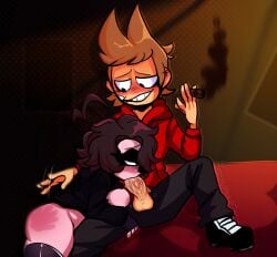 1boy1girl ass balls blowjob breasts brown_hair canon_x_oc eddsworld female flush gothic male oc pants penis red_hoodie sex sstupidcat sweatshirt testicles tord_(eddsworld)