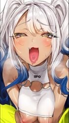 ahe_gao ahoge blue_hair blush breast_squish breasts cheeky dark-skinned_female dark_skin female gradient_hair grey_hair horny large_breasts multicolored_hair nekometaru nipples original piercing smile solo tongue tongue_out tongue_piercing twintails upper_body