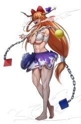 1girls abs aged_up bangs bare_shoulders barefoot bow breasts chains crop_top crossed_arms cuffs fangs feet frayed_clothes full_body hair_between_eyes hair_ribbon horn_bow horn_ornament horns ibuki_suika large_breasts long_hair low-tied_long_hair muscular muscular_female navel open_mouth orange_hair purple_skirt red_ribbon ribbon ribbon-trimmed_skirt ribbon_trim shackles shirt sidelocks simple_background sirosoil skirt solo standing suika_ibuki thighs toes touhou underboob very_long_hair walking white_background white_shirt wrist_cuffs yellow_eyes