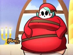 belt big_belly big_breasts blue_hair candelabra fat female female_only gourmet_guy hoodie lolwutburger long_sleeves lwbafterdark mario_(series) mask onomatopoeia overweight overweight_female paper_mario shy_gal stretched_belt window