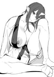 bar_censor blush breasts censored female female_pubic_hair fundoshi fundoshi_pull greyscale head_tilt horns huge_breasts japanese_clothes long_hair looking_at_viewer monochrome nipples obmas_(pfeito) oni_horns original pubic_hair simple_background single_horn sitting solo white_background