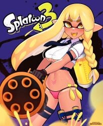 1girls animal_humanoid anthro big_breasts breasts cephalopod cephalopod_humanoid condom condom_accessories condom_belt female female_only gatling_gun gun humanoid inkling inkling_girl mask_(marking) new_agent_3_(splatoon) nintendo panties pointy_ears pseudo_hair pubic_tattoo rezodwel solo solo_female splatoon splatoon_(series) splatoon_3 squid standing tan tan_skin tanline tentacle tentacle_hair text thighs underboob underwear used_condom veronika_(splatoon) yellow_eyes yellow_hair