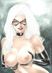 1girls 2017 big_breasts black_cat_(marvel) curvaceous curvy_body curvy_female curvy_figure ed_benes_studio erect_nipples felicia_hardy female female_only long_hair looking_at_viewer marvel marvel_comics nipple_bulge pink_nipples red_lipstick rubismar_da_costa signature solo solo_female spider-man_(series) upper_body white_hair