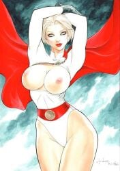 1girls armpits big_breasts blonde_hair boob_window curvaceous curvy_female curvy_figure dc_comics ed_benes_studio erect_nipples female_focus female_only justice_league justice_league_unlimited karen_starr kryptonian leotard nipple_bulge pink_nipples power_girl red_lipstick rubismar_da_costa short_hair signature solo_female solo_focus tagme voluptuous_female