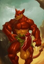 1boy activision anthro balls bara belt big_penis bodily_fluids crash_(series) cum fur furry furry_only genital_fluids genitals hi_res huge_cock kittikary male male_only muscular muscular_male nude penis sharp_teeth solo teeth tiny_tiger video_games