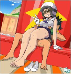 1boy 1girls 2022 ash_ketchum b-intend barefoot black_hair breasts feet game_freak glasses gloves grabbing_own_breast nintendo peace_sign penis penis_between_thighs pokemon pokemon_(anime) pokemon_(game) pokemon_sv satoshi_(pokemon) shoes shoes_removed smile star_sunglasses sweat sweatdrop team_star team_star_grunt team_star_grunt_(female) thick_thighs thigh_sex thighs