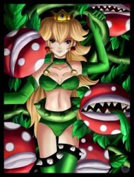 1girls bikini black_eyes blonde_hair breasts choker crown earrings gloves green_bikini green_swimsuit holding_vine long_hair looking_at_viewer mario_(series) medium_breasts navel nintendo o-ring o-ring_bikini o-ring_swimsuit piranha_plant plants princess_peach royalty sigurdhosenfeld swimsuit thighhighs vines