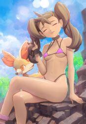 1girls 2022 brown_hair curvaceous curvy_body curvy_female curvy_figure eyes_closed female_focus female_only fennekin game_freak looking_at_viewer micro_bikini nintendo pokemon pokemon_(species) pokemon_xy shauna_(pokemon) smiling smiling_at_viewer solo_female tagme voluptuous_female yugen99